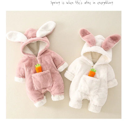 Baby Rompers Winter Warm Coral Fleece Newborn Baby Girl Clothes Cartoon Rabbit Coats Infant Jumpsuit Animal Overalls Pajamas