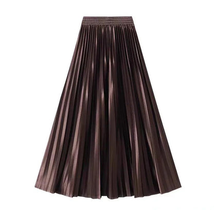 High Waist Satin Pleated Skirt 1 Meter Long Floor Length Pearl Glitter A- Line Umbrella Half Body Skirts Polyester Fiber