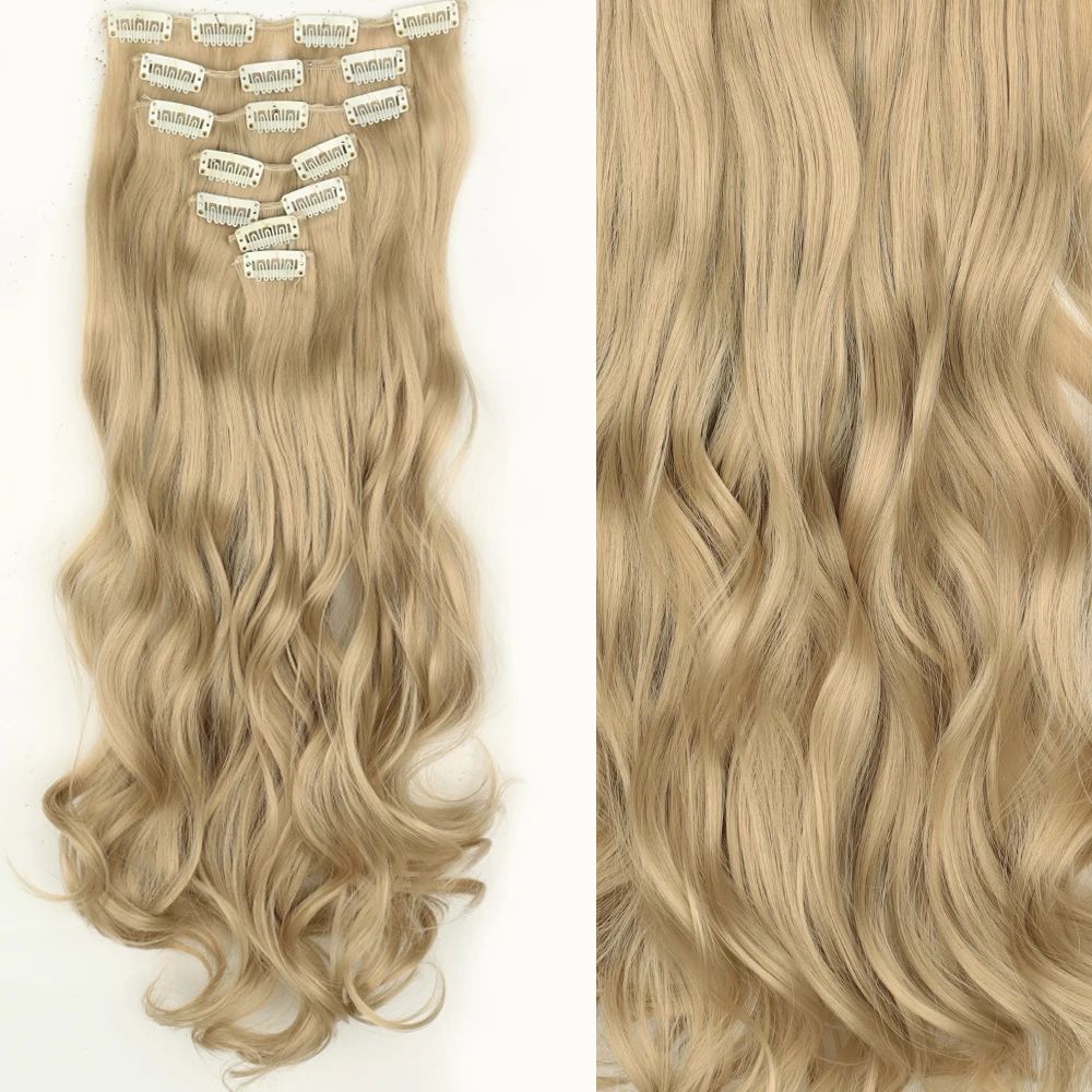 7 peças/conjunto de aplique de cabelo com 16 grampos, preto, longo e liso, cabelo natural, aplique de cabelo ombre, fibra resistente ao calor para penteado feminino
