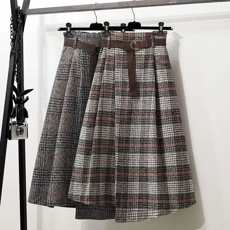 WoolenPlaid Irregular Large-Length Skirt New Spring-Autumn Vintage High-Waisted Slimming Medium-Length Women's Skirt