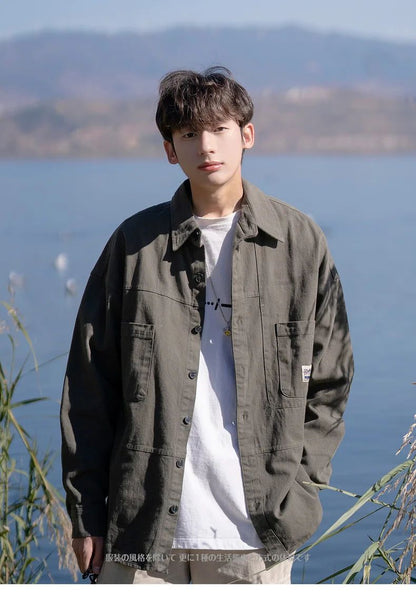 Japanese Series Men's Shirts Casual Vintage Cargo Jacket Top Spring Autumn Solid Blouses Single Breasted Male Clothes Streetwear