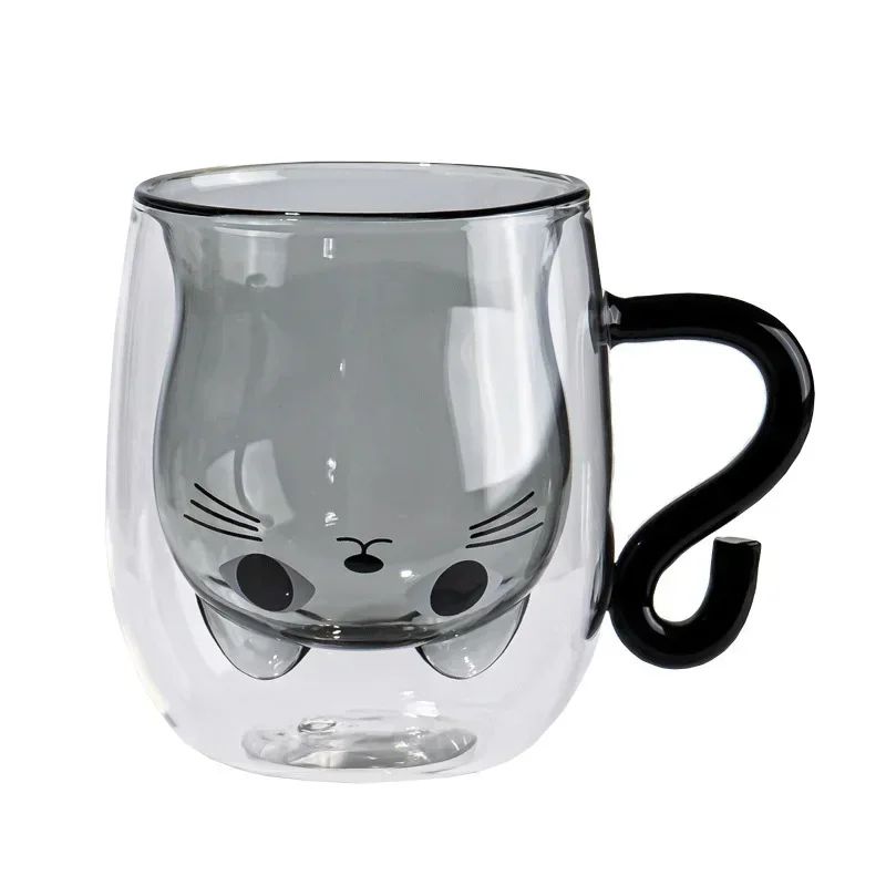 Copo de Vidro de Parede Dupla Gato Criativo 250ml com Alça Copo de Café Fofo Caneca Resistente ao Calor Utensílio de Cozinha para Escritório