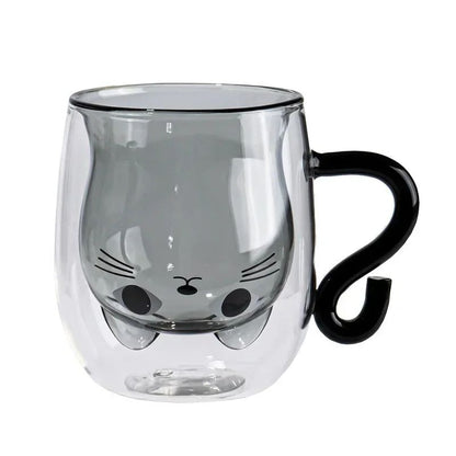Copo de Vidro de Parede Dupla Gato Criativo 250ml com Alça Copo de Café Fofo Caneca Resistente ao Calor Utensílio de Cozinha para Escritório