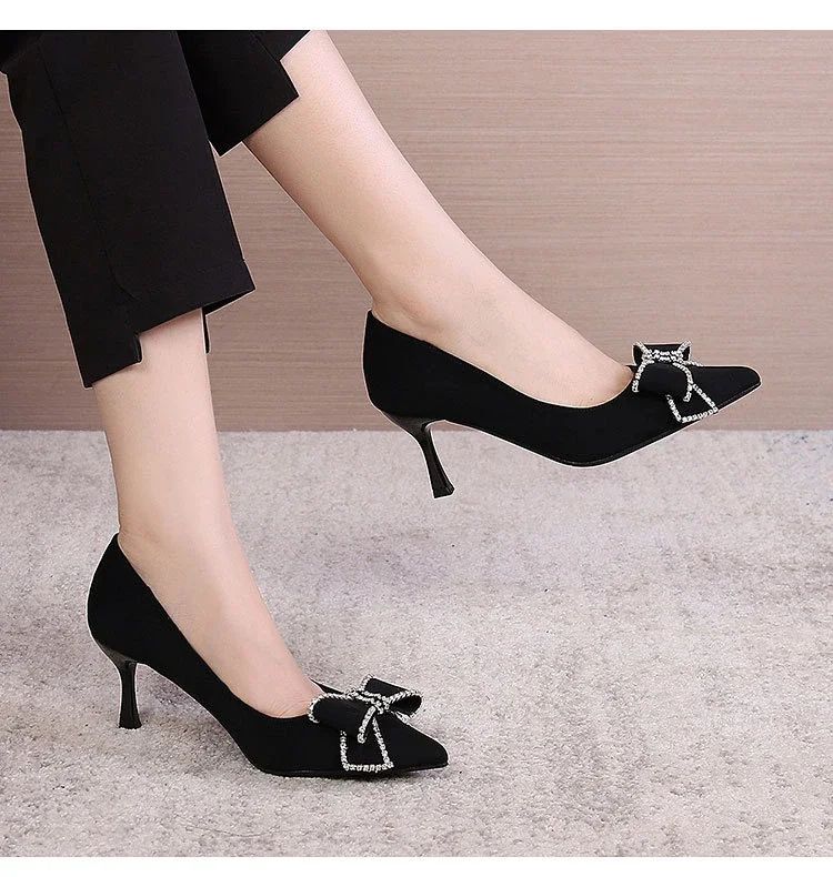 Versatile New Single Shoes Autumn and Winter  Sexy Pointy Rhinestone Black Mature Women's Thin Heels High-heel Zapatos Mujer