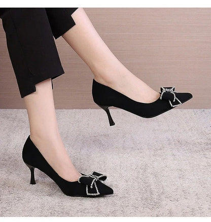 Versatile New Single Shoes Autumn and Winter  Sexy Pointy Rhinestone Black Mature Women's Thin Heels High-heel Zapatos Mujer