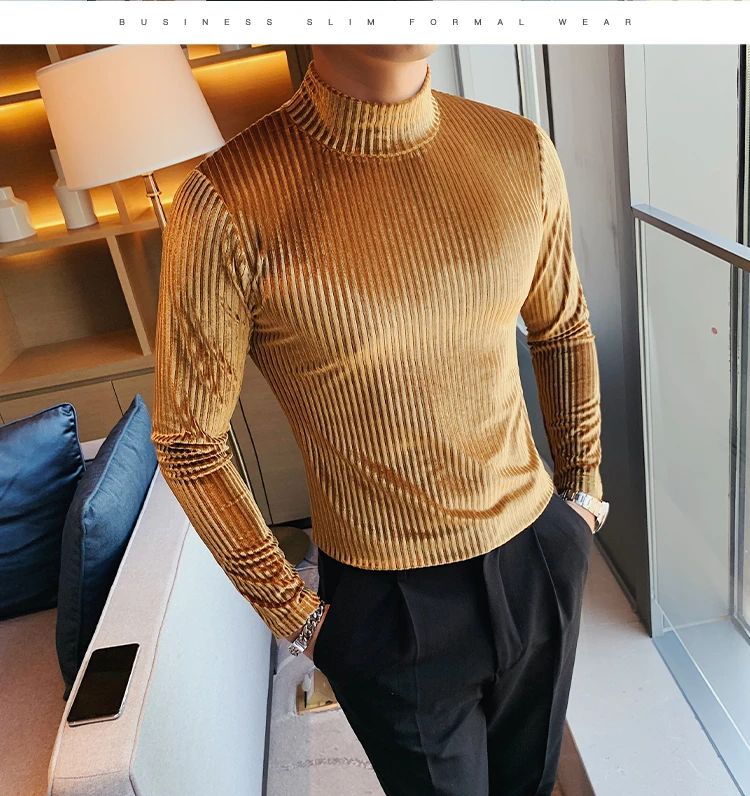 New Gold Velvet T Shirt Men Clothing Fashion Trend Male Luxury Prom Party Long-sleeved Striped Pullover Tops Homme