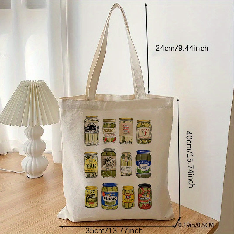 1pcs Pickle Pattern Tote Bag Trendy Casual Shoulder Bag Vintage Canned Pickles Tote Bag Funny Canvas Shoulder Bags