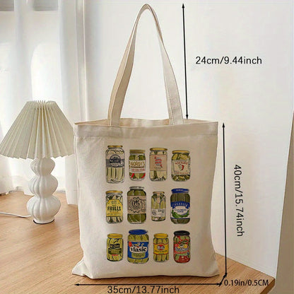 1pcs Pickle Pattern Tote Bag Trendy Casual Shoulder Bag Vintage Canned Pickles Tote Bag Funny Canvas Shoulder Bags