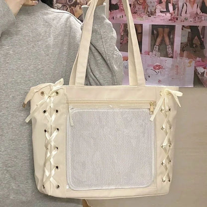 Japanese Kawaii Girls Itabag Large Capacity PU Leather Shoulder Bag Bow Ribbon Lolita JK Handbags Ita Bag Y2K Handbags Purse