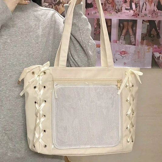 Japanese Kawaii Girls Itabag Large Capacity PU Leather Shoulder Bag Bow Ribbon Lolita JK Handbags Ita Bag Y2K Handbags Purse