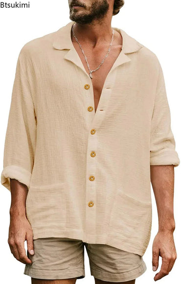 2025 Men's Casual Lapel Long Sleeve Shirts Tops Solid Loose Oversized T Shirt Men Cotton Linen Shirt Fashion Hawaiian Shirt Male