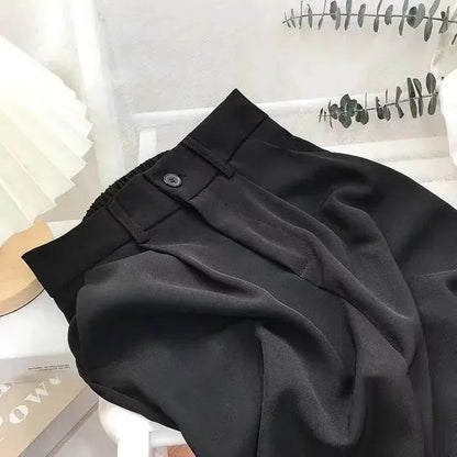 Fashion Elastic High Waist Suit Pants Women Fall Spring Casual Loose Straight Black Trouser Office Ladies Nine Points Streetwear