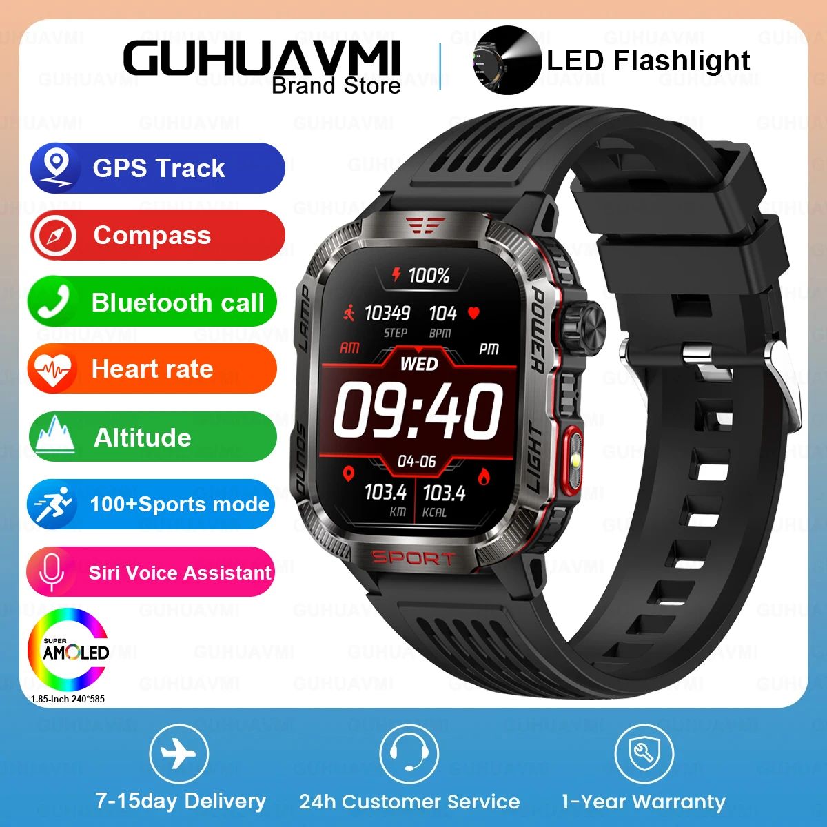 Novo relógio inteligente masculino para ambientes externos de 2,01 polegadas, à prova d'água 3ATM, bateria de 600mAh, bússola, lanterna LED, chamada Bluetooth, Smartwatch para Xiaomi
