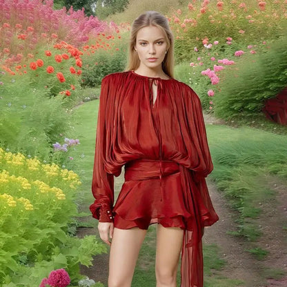 Elegant Ruffles Shiny Mini Dresses Fashion Solid Long Sleeve Lace Up V Neck Plea