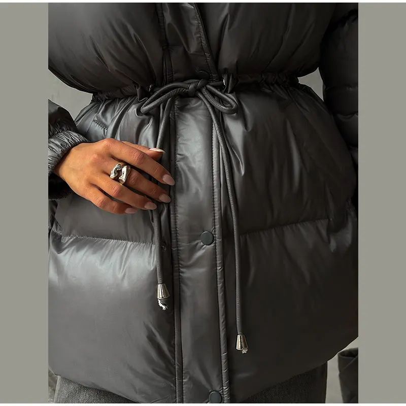 Glossy Shiny Women 's Down Jackets Vintage Hooded Zipper Puffer Full Sleeve Jackets For Woman 2025 Woman Winter Coats Outwears