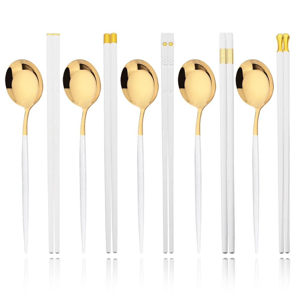 Conjunto de Talheres Portátil para Viagem Preto e Prata com 10 Peças, Hashis Colher de Aço Inoxidável, Conjunto de Utensílios de Mesa Coreano de Luxo