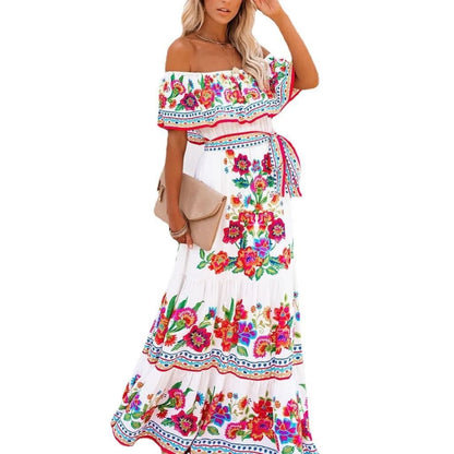 2024 Spring Summer New Independent Stand Amazon Off-shoulder Red Flower Printing Long Dress Oversized Wide Hemline Sleeveless