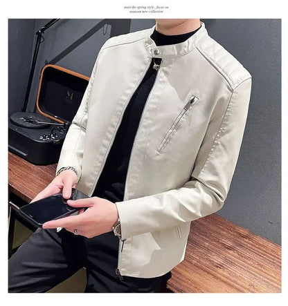Stand Collar Solid Color White Black Leather Jacket Zip Up PU Coat Men's Motorcycle Leather Jacket Male Spring Autumn Casual