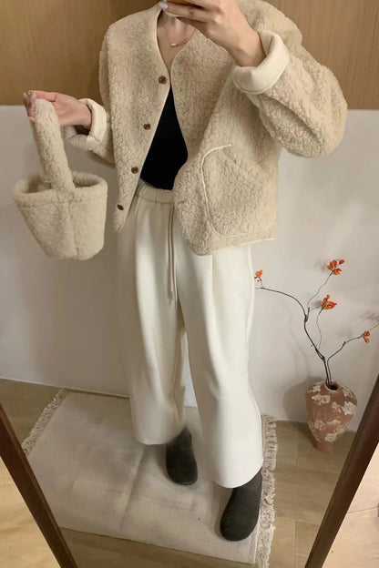 Korean Chic round Neck Single Button Loose Lamb Fur Jacket Winter Elegant Fashion Small Size with Bag Matching Women's Coat