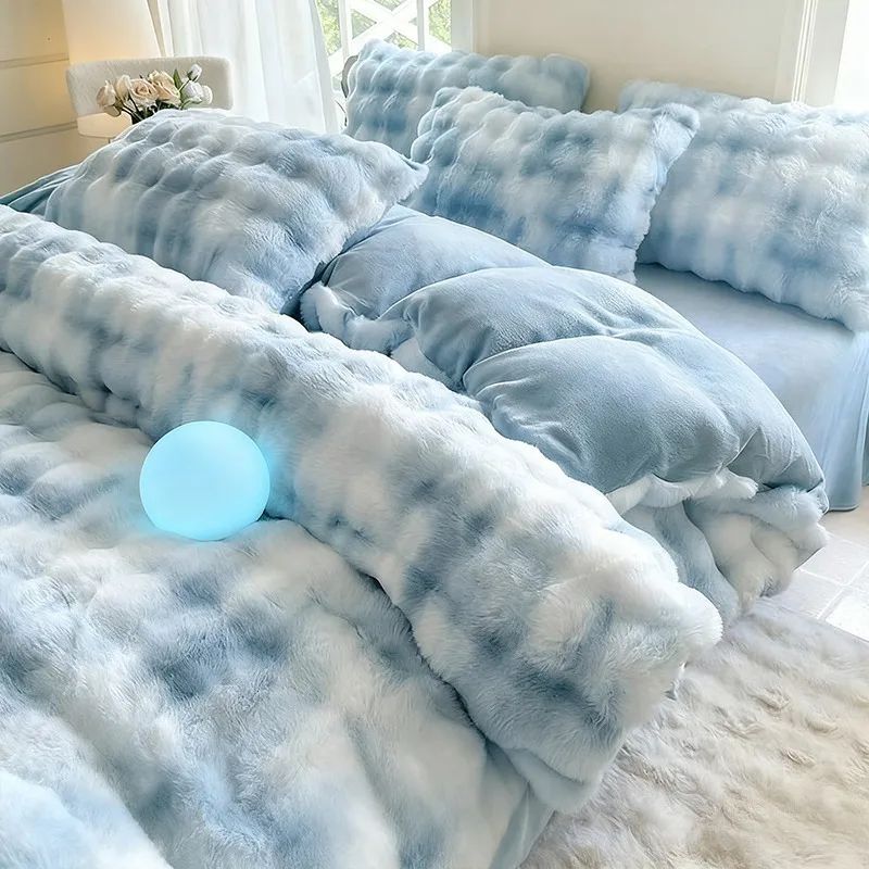 New Rabbit Fur Thickened Milk Velvet Duvet Cover Set Machine Washable Soft SkinFriendly Warm Bed Sheet for Home and Hotel ?? ???