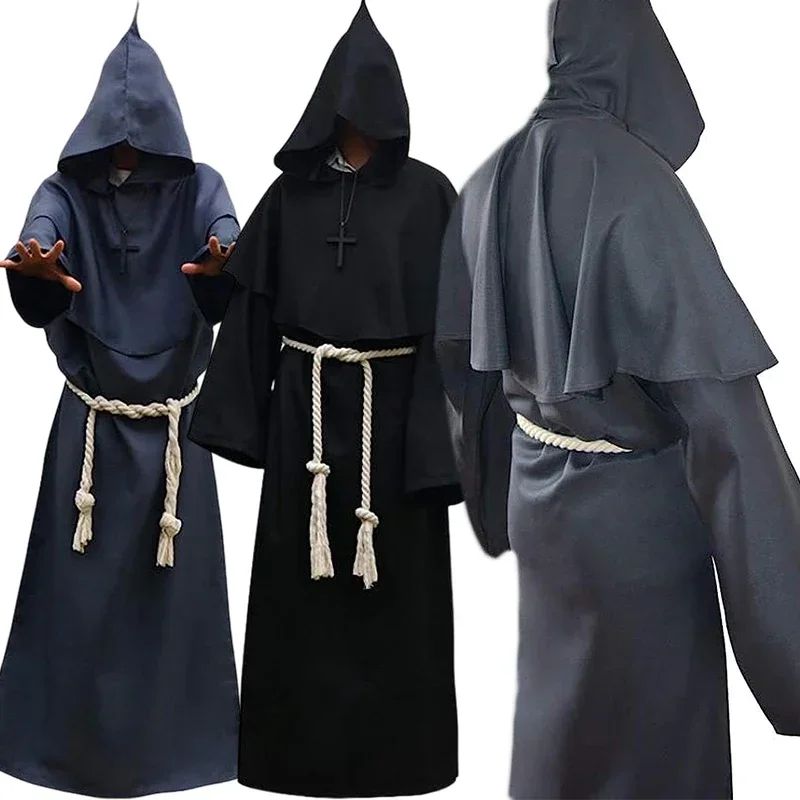 Retro Priest Robe Halloween Cosplay Costume Wizard Fancy Punk Cloak Mask Medieval Monk Robe Hooded Monk Cowl
