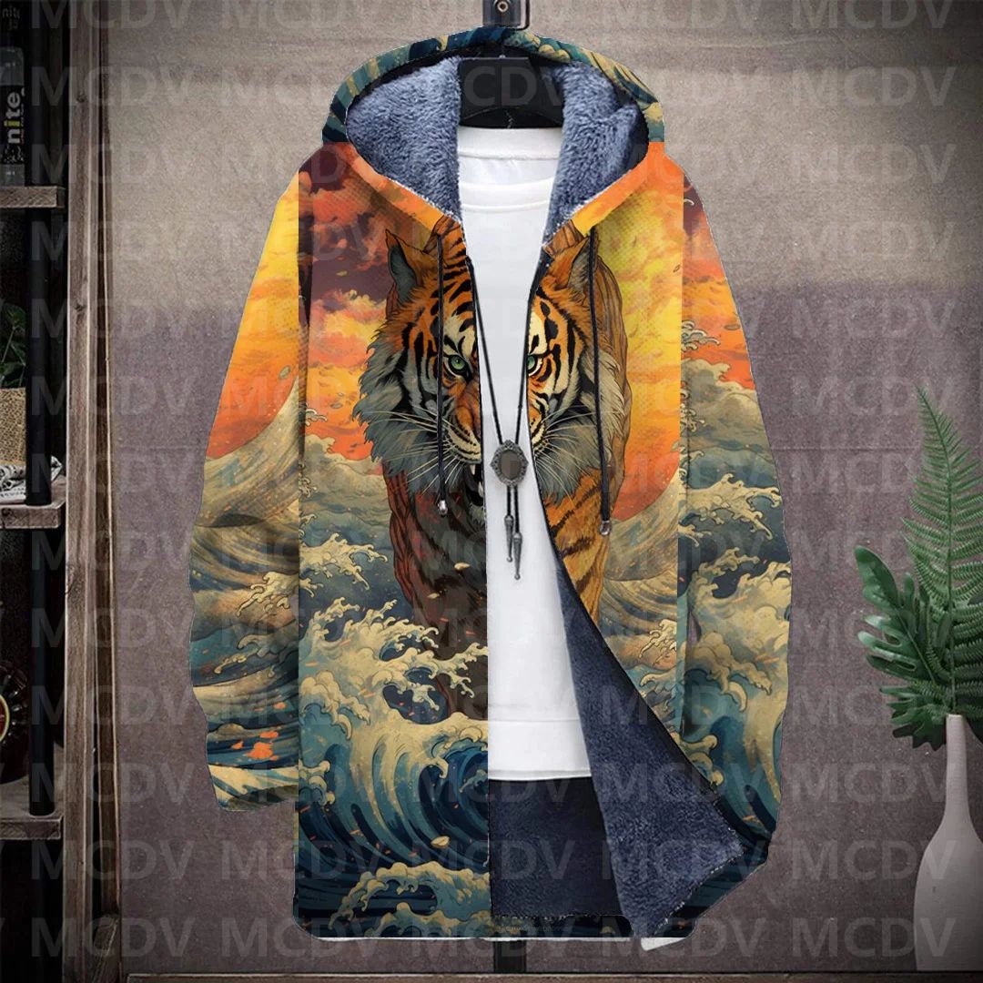 Men's Retro Print Plush Thick Long-Sleeved Coat Cardigan Tiger 3D Prined Fleece Hooded Overcoat Unisex Thick Warm Jacket
