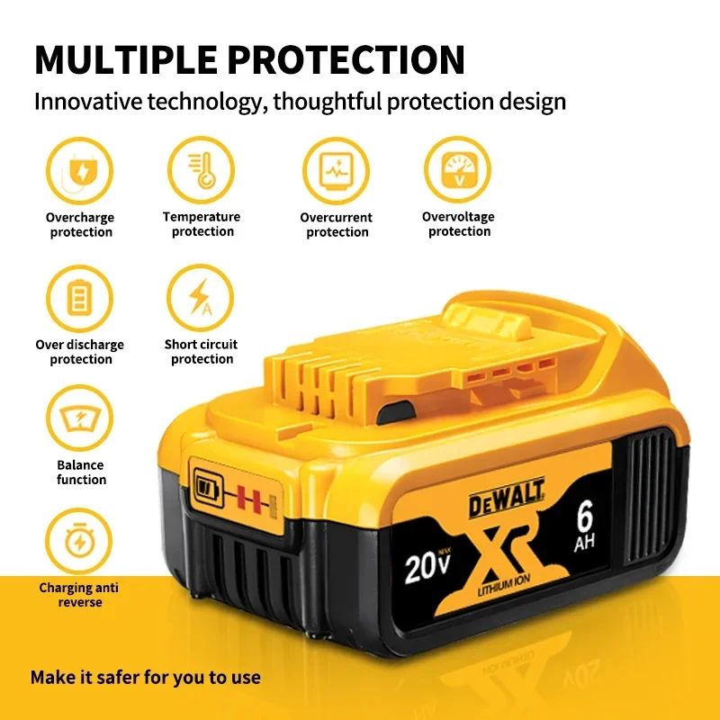 Bateria 100% Genuína Dewalt 20V, Bateria de Íon de Lítio Recarregável 2AH 5AH 6AH, Bateria de Substituição para Ferramenta Elétrica Dewalt DCB200
