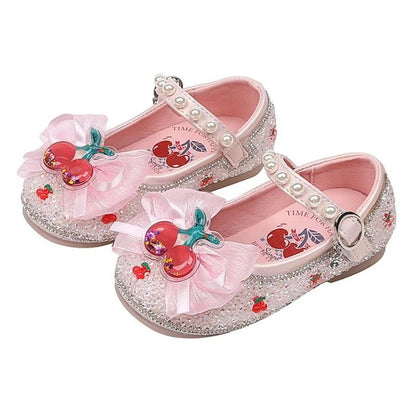 Children's Leather Shoes Autumn New Pink Soft Bottom Flat Kid's Casual Shoes Fashion Cute Cherry Bow Girls' Princess Shoes