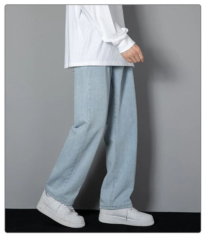2025 Calças Jeans Casuais Masculinas Coreanas Novas Retas Longas Perna Larga Jeans Cor Sólida Azul Claro Cinza Preto