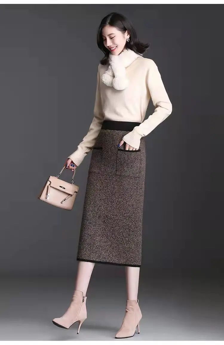 New Style Gold Mink Cashmere Elastic High Waist Office Lady Knee-length Skirts Solid Split Fork Hip Wrap Skirt High Elasticity
