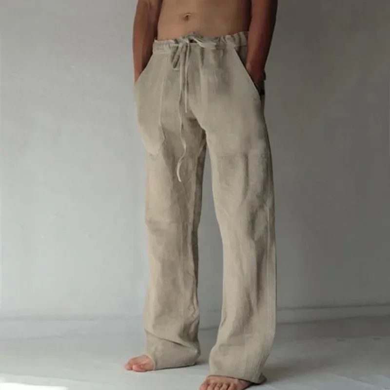 Men's Linen Casual Pants Elastic Waist Beach Pants Lightweight Drawstring Summer Yoga Pants Solid Color Beach Pants