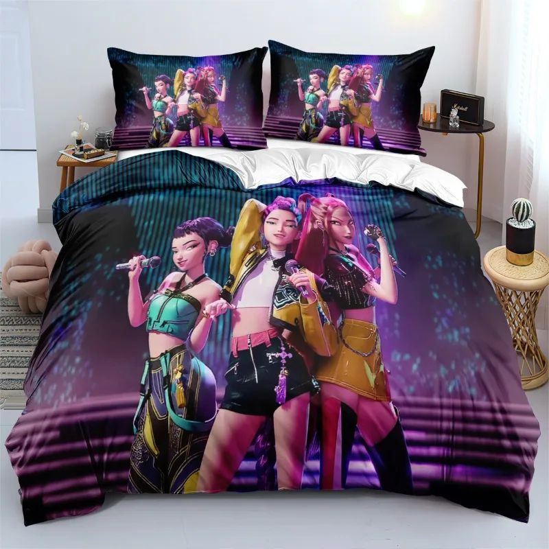 K-Pop Bedding Set Demon Hunters Themed pink or Black other side Print Polyester Student Dormitory  Duvet Cover Boys Girls Gift