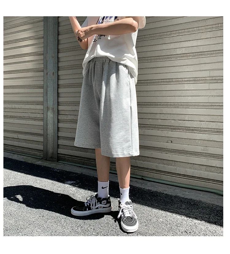 Summer New Y2K Solid Color Cotton Loose Men's Sports Pants Shorts Street Wear Simple Drawstring Straight Casual Shorts Male