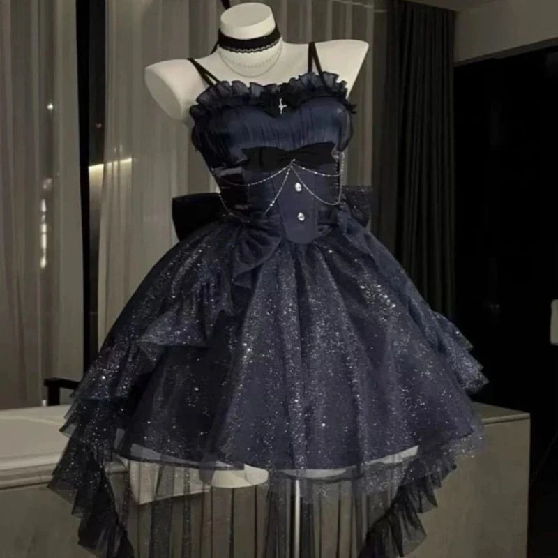 Gothic Y2k Sling Dress Women Harajuku Retro Tulle Ruffles Trim Christmas Party Outfit Grunge Aesthetic Sleeveless Elegant Wear