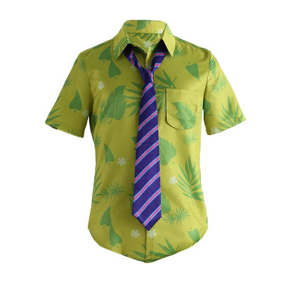 Fox Nick Wilde Cosplay Shirt With Tie Men Halloween Green Leaves Printed Summer Casual T-shirt and Necktie
