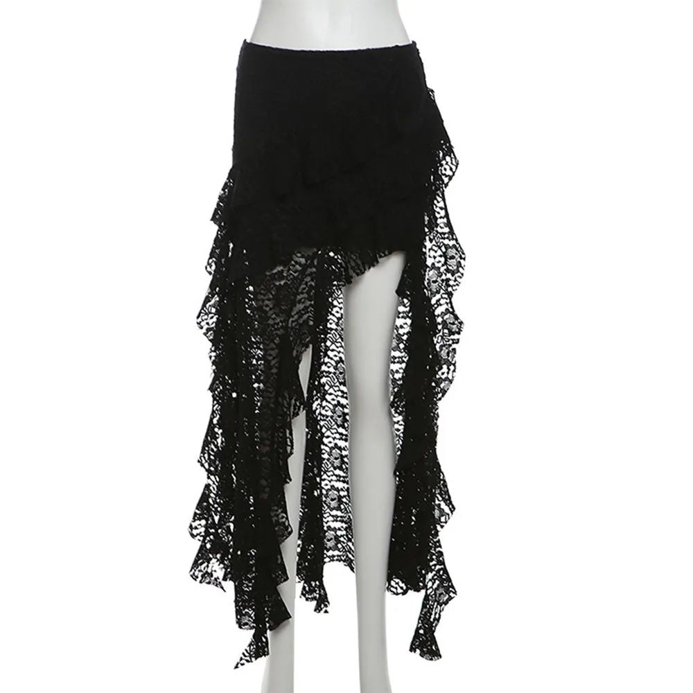 Sexy High Waist Lace Ruffles Skirts Women 2025 Spring Irregular Y2k Skirts Women Fashion Black Patchwork Party Clubwear Gothic