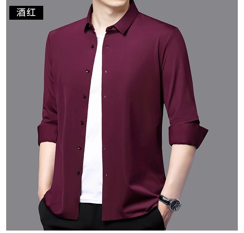 Seamless Anti-wrinkle Business Silky High Elastic Spandex Men's Long-sleeved Shirt Formal Social Non-iron Solid Color Casual