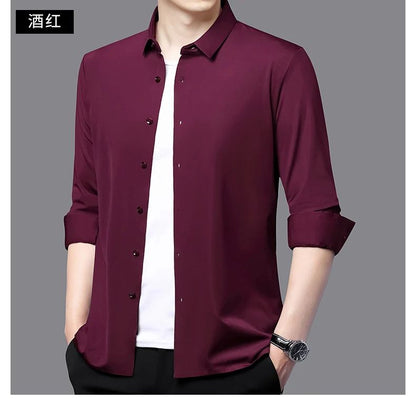 Seamless Anti-wrinkle Business Silky High Elastic Spandex Men's Long-sleeved Shirt Formal Social Non-iron Solid Color Casual