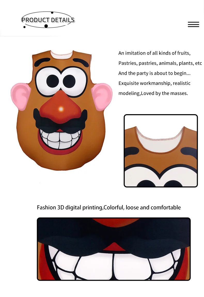 Funny Potato Head Costume Mr. and Mrs. Potato Head Matching Outfit Halloween Cosplay Tunic Couple Carnival Party Disguise Wear