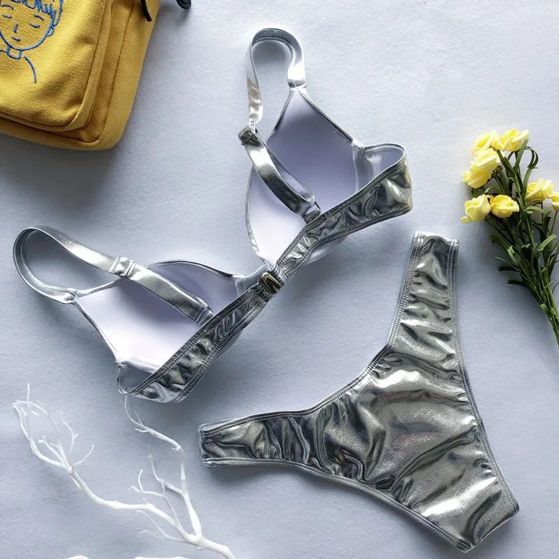 Metallic Summer Push Up Padded Bra Bathing Suit Beach Wear Women Sexy Thong Bikini Set Silver Gold Dropshipping Biquini Swimwear