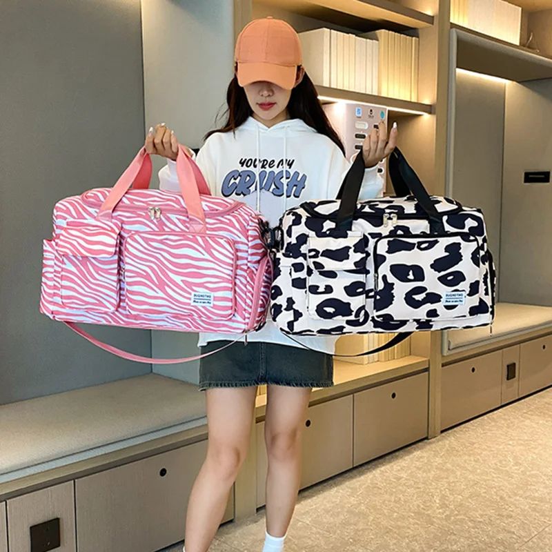 Travel Bag Women's Handbag Leopard Zebra Camouflage Waterproof Large Pull Rod Boarding Fitness Dry Wet Separation Luggage Bag