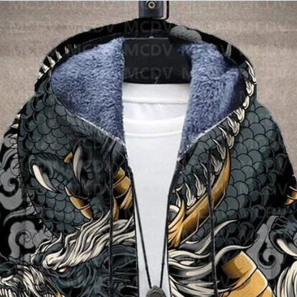 Men's Retro Print Plush Thick Long-Sleeved Coat Cardigan Dragon 3D Prined Fleece Hooded Overcoat Unisex Thick Warm Jacket