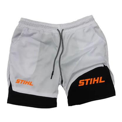 Men's Double Layer Fitness STIHL Shorts Drawstring Mesh Lining Elastic Waist Breathable Quick Dry to Beach Pool Summer Male