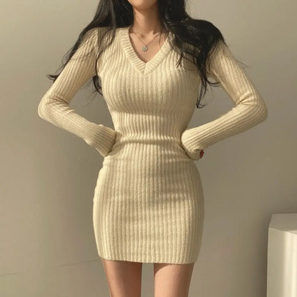 Women Knit Slim Sexy Bodycon Dress V-Neck Long Sleeve Dress Solid Casual Midi Sw