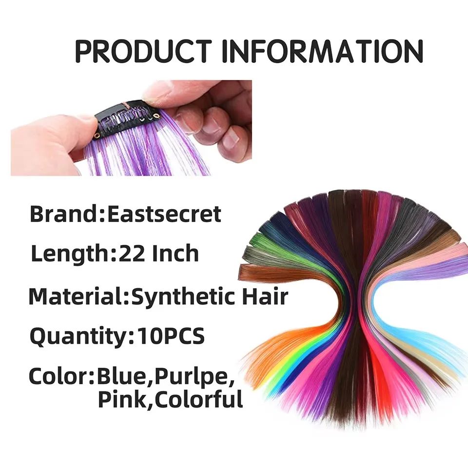Colored Highlight 22 Inch Synthetic Hair Extensions Rainbow Long Straight Hairpieces for Women Kids Girls Purple Pink Blue