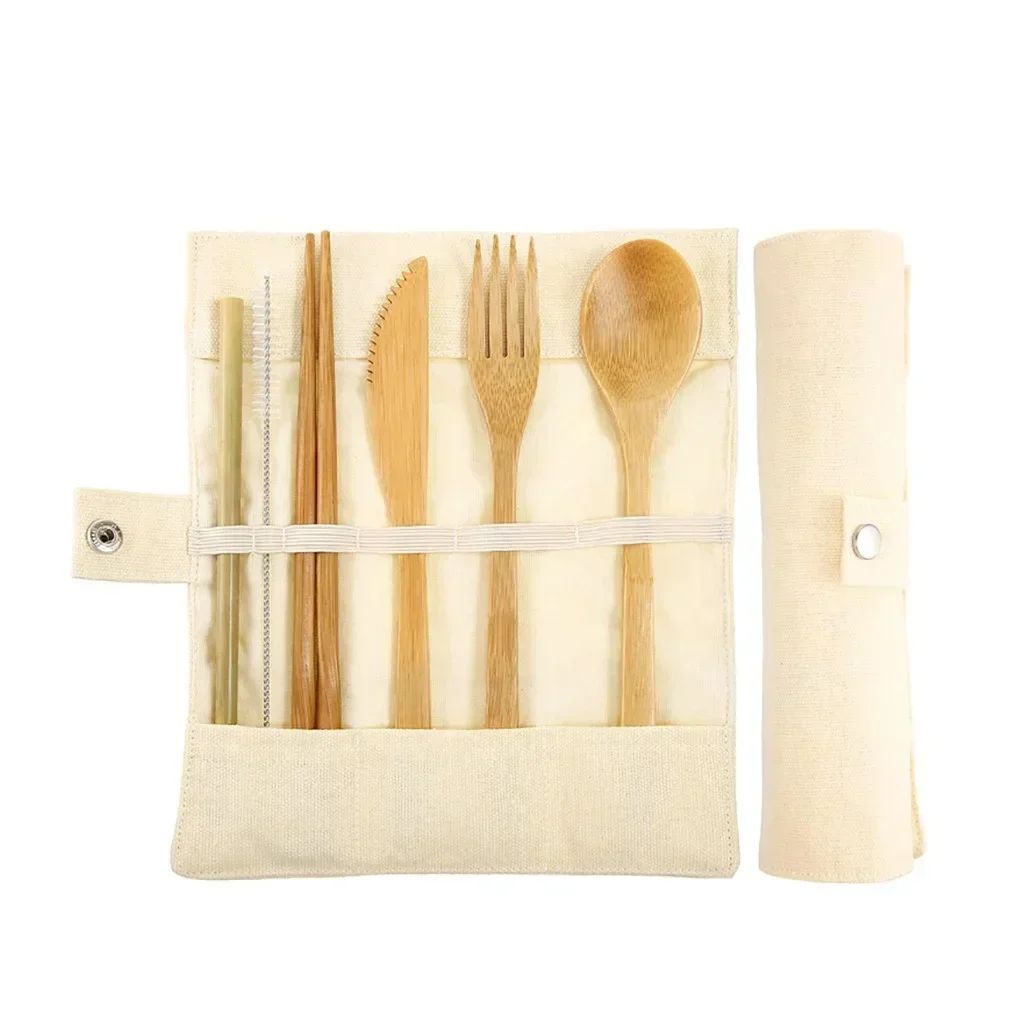 Conjunto Portátil de Talheres Reutilizáveis de Bambu Garfo Faca Colher de Madeira com Estojo de Viagem Utensílios de Cozinha Ecológicos