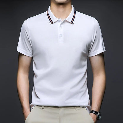 Men's Fashion Solid Short Sleeved Striped Lapel Polo Shirt Summer Breathable Comfortable Top