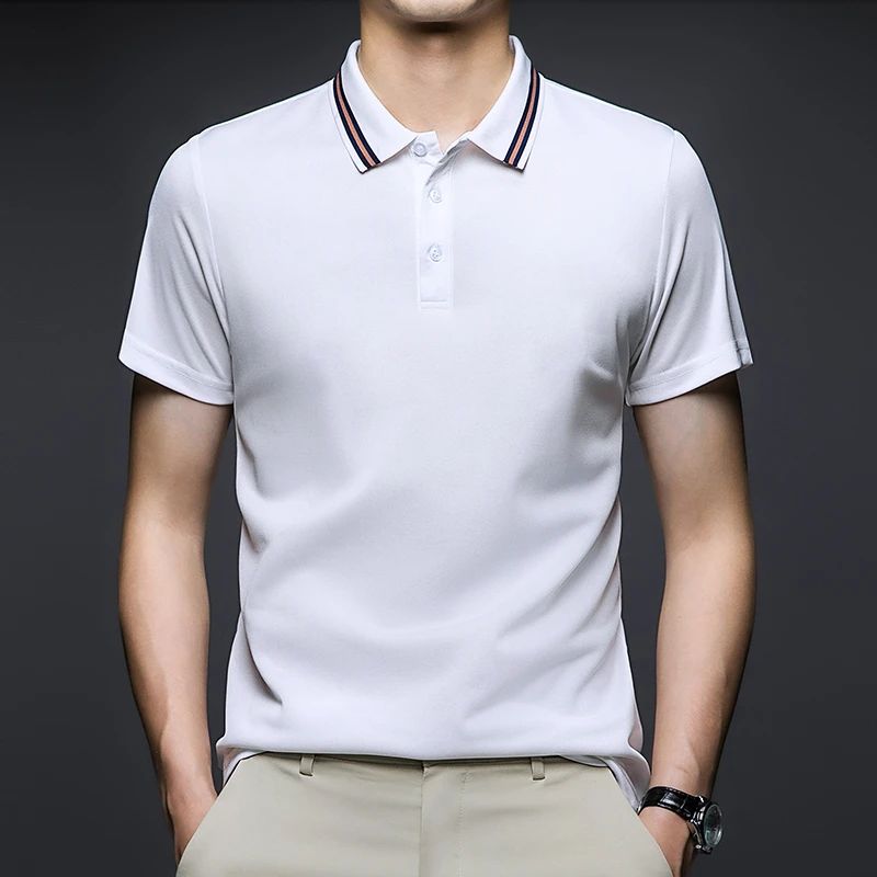 Men's Fashion Solid Short Sleeved Striped Lapel Polo Shirt Summer Breathable Comfortable Top