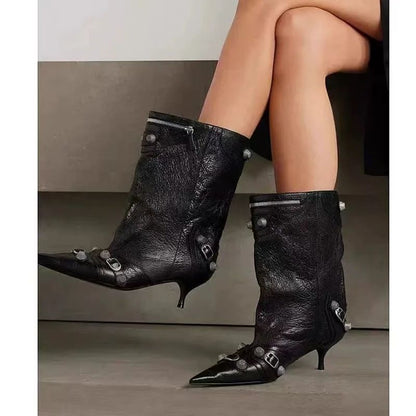 Women's Sexy Stiletto High Heels with Rivet Decoration, Wide Barrel Knee Length Boots, European and American Fashion Show Boots