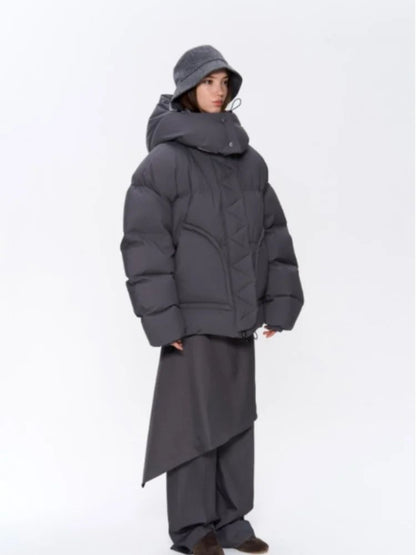 Detachable Hooded Padded Jackets Women's Loose Full Sleeves Zipper Pockets Stand Collar Coats 2025 Autumn Winter Female Outwear